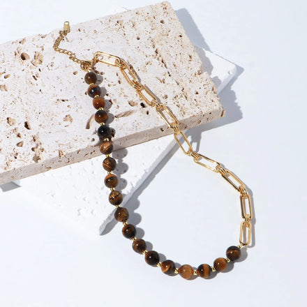 Stainless Steel Waterproof Original Design Handmade Custom Tiger Eye Bead Chain Choker Necklace Jewelry for Women