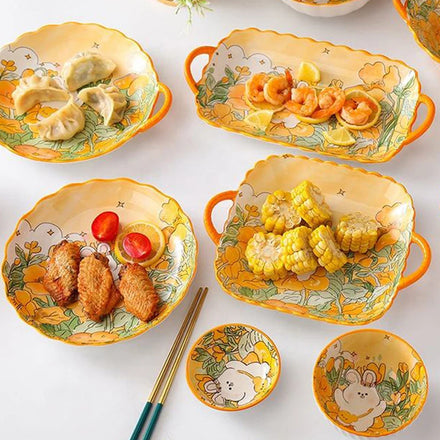 Hot Selling Cute Cartoon Ceramic Dinnerware Different Size Rabbit in the Flower Series Dishes & Plates for Family