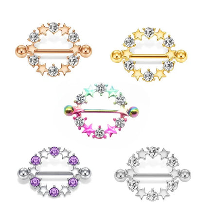 Hot Sales Stainless Steel 14G Gold Plated Star Circle Nipple Ring Barbell Body Piercing Jewelry Crystal Star Nipple Shield Ring