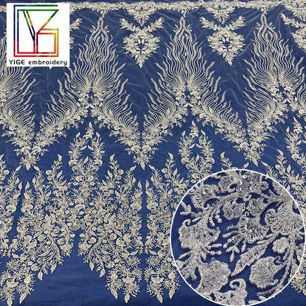 New Design White Beaded Sequins Embroidery Mesh Lace Fabric High Quality French Wedding Bridal Dress Beads Tulle Lace Fabric