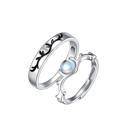 Antler Moonstone Couple Ring for Wedding Jewelry Valentine's Day Gift Open Adjustable Ring Deer Couple Ring for Men Women