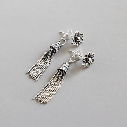 925 Sterling Silver Fashion Tassel Earrings Vintage Flower Earrings Retro Vintage Drop Earrings Women