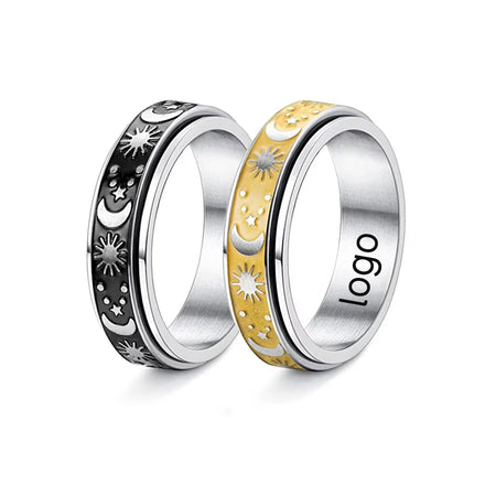 New Stainless Steel Ring Black Gold Oil Dripping Sun Star Moon Spinner Rotatable Decompression Stainless Steel Ring Finger Ring