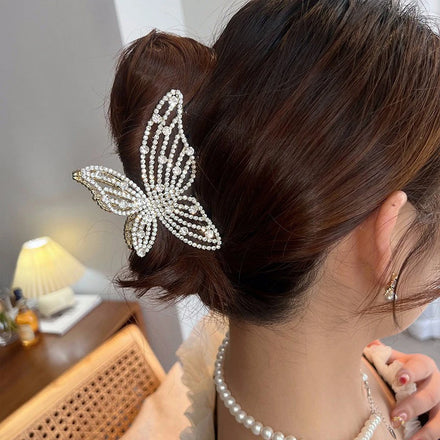Women Fancy Alloy Metal Shark Hair Claw Decorative Diamond Pearl Butterfly Hollow Hair Grip Clip Fashionable Daily Use