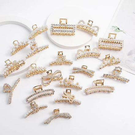 Korean Women's Creative Metal Hair Claw Moon Star Diamond Back Head Hair Ponytail Grip Clip with Pearl Bow Made of Durable Alloy