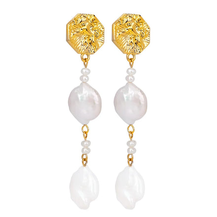 Women's Gold Plated Natural Pearl Drop Earrings Fashion Engraved Brass Lion Head Pearl Chain Dangle Jewelry for Parties Weddings