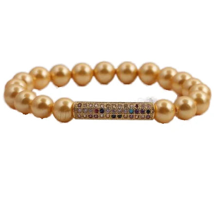 Fashion Jewelry Shell Pearl Bracelet with Brass Plated Micro Pave Cubic Zirconia & for Woman 8mm Length:7.5 Inch 1545196