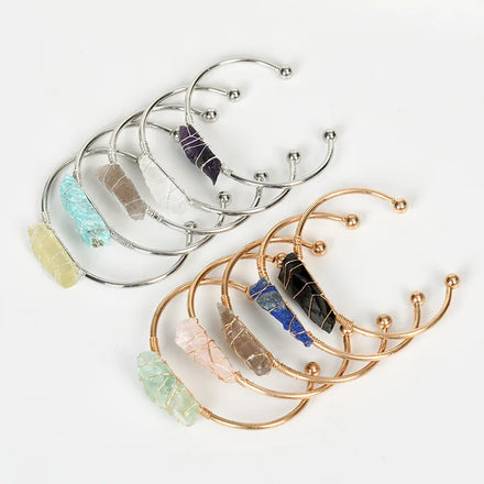 Natural Gemstone Gold Silver Wire Wrapped Jewelry Natural Crystal Rose Quartz Amethyst Labradorite Stone Open Bracelet for Women