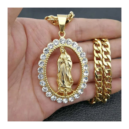 Hip Hop Religious Jewelry God Blessed Stainless Steel Inlay Cubic Zirconia CZ Virgin Mary Pendant Necklace for Women Men
