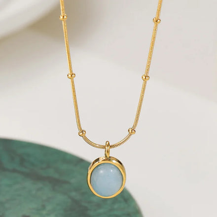 Vintage Round Pendant Collarbone Necklace Blue Oval Natural Stone Pendant 14K Gold Plated Stainless Steel Snake Chain Necklace