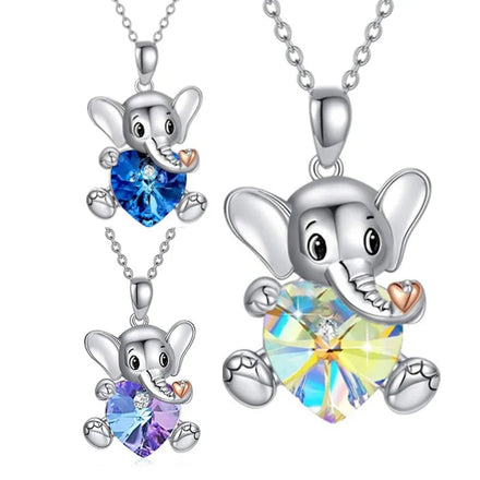 RisingMoon Romantic Rhinestone Crystal Necklace Silver Chain Elephant Love Heart Pendant Necklace Idea Gift for Girls Women