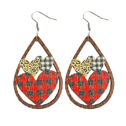 Hot Plaid Leopard Hollow Love Mix with Water Drop Pendant Print Mixed FS Women's Wood Trendy Western Cowboy Wooden Earrings
