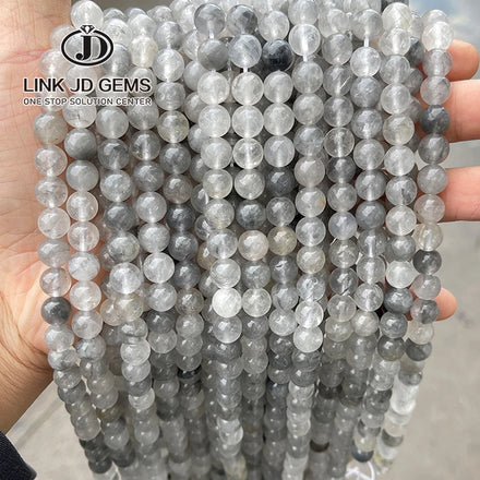 JD Wholesale Brilliant Cut Smooth Loose Crystal Gemstone 4mm 6mm 8mm Natural Gray Cloud Quartz Beads for Jewelry Making Diy