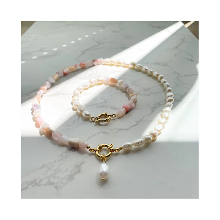 Fashion Baroque Pearl Charm Necklace 14k Gold Plated Stainless Steel Pink Opal Bracelet and Necklace