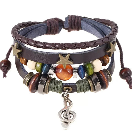 Handmade Beaded Genuine Leather Music Symbol Pendant Bracelet Wholesale Personalized Fashion Charm Accessories for Men Women