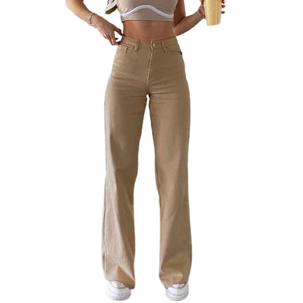 High Waist Retro Casual Loose Pants Solid Color Straight Denim Jeans for Women