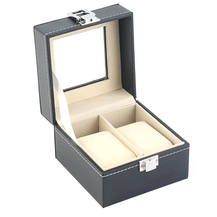 Hot Sale High-End 2-Slot Black PU Leather Travel Watch Display Box with Glass Top for Watch Gift Packaging
