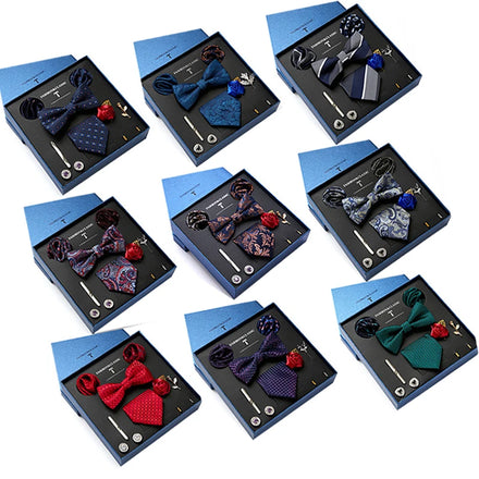 Fashion Men's Tie Gift Box Luxury Brand Necktie Bowtie Pocket Square Brooches Cufflinks Clips Suit for Party Wedding Man Gifts