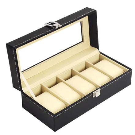 Handmade Watch Case 5 Slot Black Pu Leather Velvet Clear Window High End Watch Box with Soft Pillow