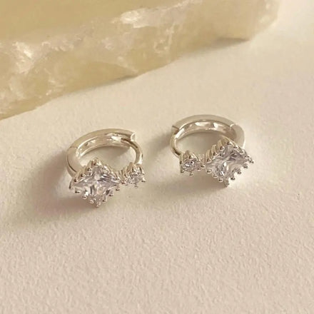 Geometric Rhombus Huggie Hoops Tiny Clear CZ Diamond Earrings 925 Sterling Silver Minimalist Sparkle Earrings for Women
