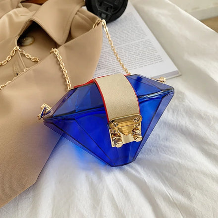 Luxury 6 Solid Colors Diamond Shape Crystal Clear Flap Lock Buckle Detachable Metal Chain Flap Design Evening Clutch Bag