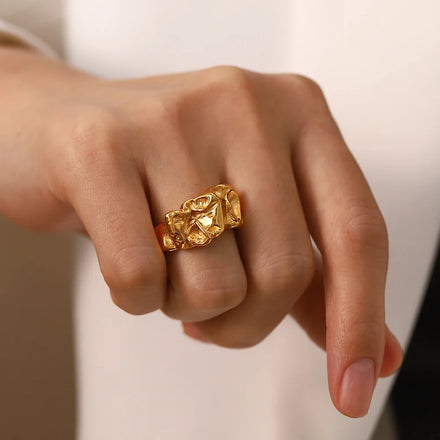 New Style Classic Luxury Lava Irregular High Polished Waterproof 18K Gold Plated Stainless Steel Opening Rings