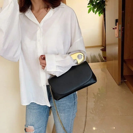 Solid Color Vintage Pu Metal Paperclip Tote Handle Magnetic Buckle Open Sling Crossbody Jewelry Clutch Purse Handbag Bag