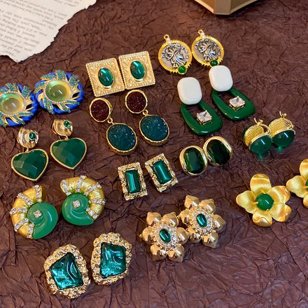 2023 Fashion Jewelry Silver Needle Medieval Green Diamond Geometric Flower Earrings Vintage Women Custom Designer Earrings