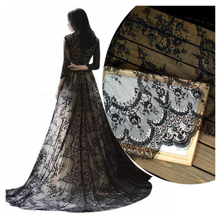 OEM Customized Garment Accessories Lace Mesh Fabric Wedding Eyelash Lace Fabric Black White Fancy Chemical Lace