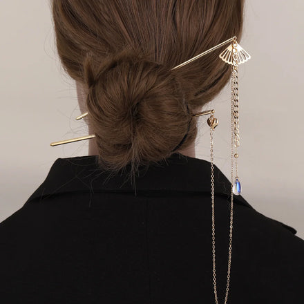 Retro Heart Pendant Water Drop Crystal Hair Stick Head Ornament Back Head Long Tassel Fan-shaped Hairpin