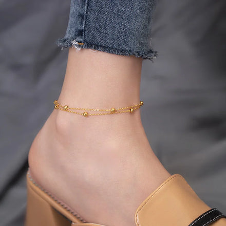 YF3245 Minimalist Waterproof Jewelry Layering Anklets 18K Gold Plated Stainless Steel Double Layer Beaded Chain Anklets