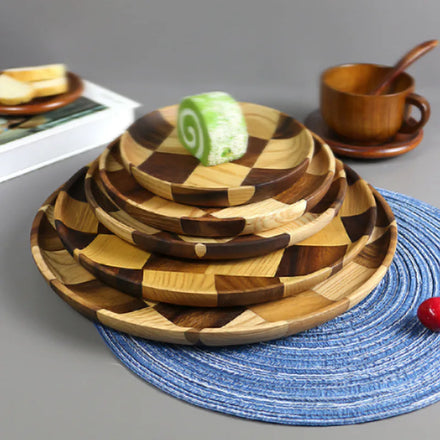 Vintage Ash Wood and Black Walnut Solid Wood Fruit Plate Dinnerware Sets