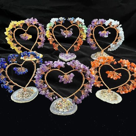 Natural Crystals Crafts Copper Tree of Life Wrapped on Natural Agate Base Heart Shape Money Tree for Gift