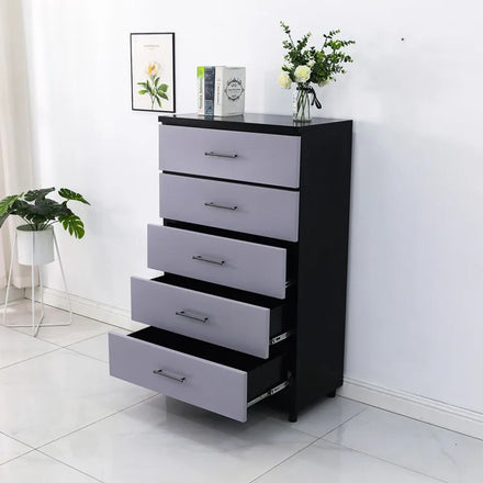 Home Bed Side 5 Drawer Dresser Black Grey Chest of Drawer Metal Five Drawer Chest