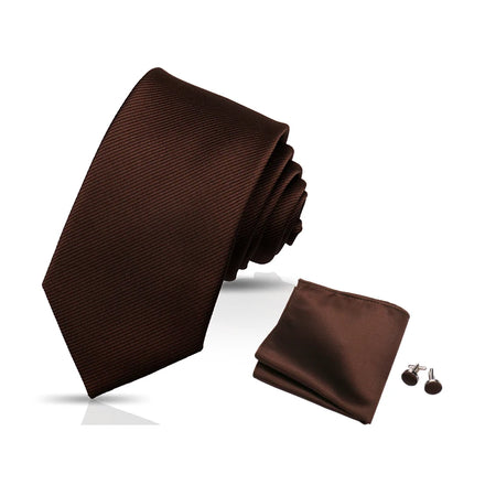 Sheng Zhou Men's Brown Italian Silk Tie and Cufflink Set with Hanky Pocket Square Premium Polyester Ties for Men