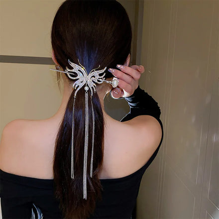 Butterfly Pearl Hair Stick Women Head Ornament Accessories Low Ponytail Rhinestone Long Tassel Hairpins