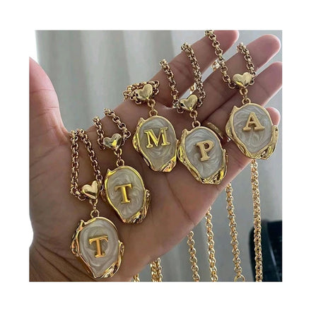 26 Initial Letter Necklace 18k Gold Plated Stainless Steel Shell Pattern White Enamel Letter Pendant Necklace