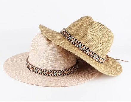 Custom logo Panama Synthetic beach Straw Hats UV protection Outdoor Sun Hat Straw Cowboy Hat for Women Men