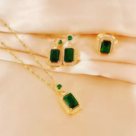 Emerald Necklace Set Female Zircon Crystal Earrings Female Retro Fashion Versatile Temperament Jewelry Necklace Female