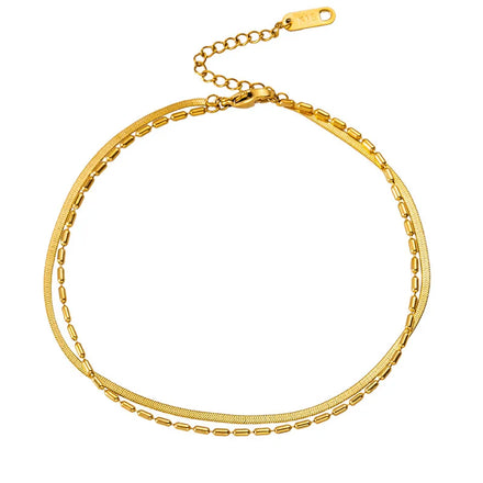 YF3239 Tarnish Free Jewelry 18K Gold Plated Stainless Steel Layering Anklets Double Layer Beaded Chains Flat Snake Chain Anklet