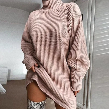 Women's Mock Neck Knitwear Medium Long Sleeve Bodycon Pullover Cute Mini Sweater Half High Collar Wool Dress