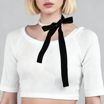 Rope Chain Lace up Bow Knot with Pearl Beads Choker Necklaces for Women Trendy Ladies Elegant Collar Accessories Fashion Jewelry
