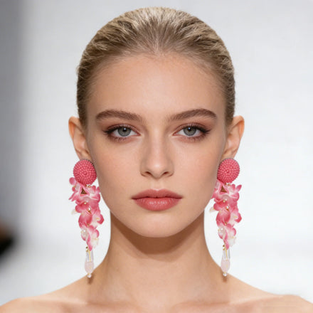 Long Flower Petal Beaded Earrings Boho Drop Stud Lace Handmade Exaggerated Tassel for Women Girl Large