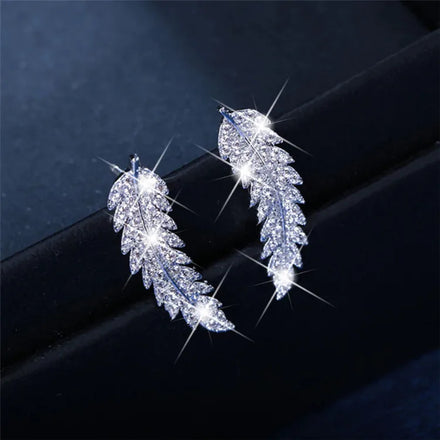 Risingmoon Luxury Silver Feather Stud Earrings Crystal Gold Plated Earring Cubic Zircon Earrings for Women Wedding Party
