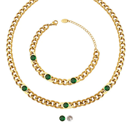 Fashion 18k Gold Plated Stainless Steel Hip Hop Cuban Chain White Green Zircon Necklace Bracelet Jewelry Set for Women
