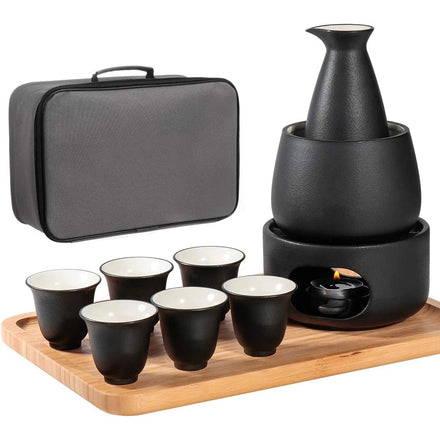Ceramic Sake Set with Warmer Pot Bamboo Tray Traditional Japanese Pottery Hot Saki Set Including 1 Sake Pot6 Sake Cup