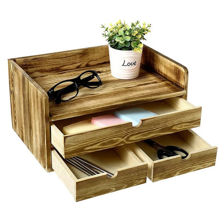 Rustic Vintage Home Office Desk Organizer with 3 Carved Pine Storage Drawers Wooden Dresser Accessory