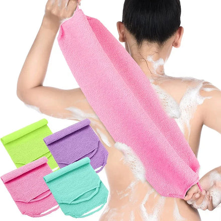 Exfoliating Back Scrubber With Handles Nylon Extended Length Back Washers Stretchable Pull Strap Washcloth Dual-Sided Bath Towel