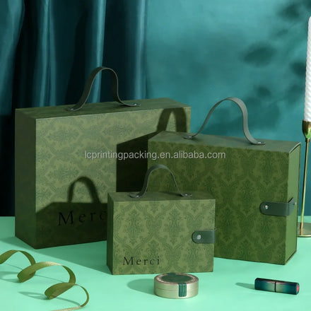 New Arrival Vintage French Green Color Pu Leather Gift Box Drawer Closure Packaging Paper Cardboard Storage Glossy Lamination