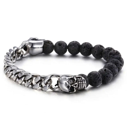 Men's Curb Chain 8MM Black Lava Rock Stone Beads Bracelet Stainless Steel Skulls Buddha Casting Titanium Bracelet KL-001
